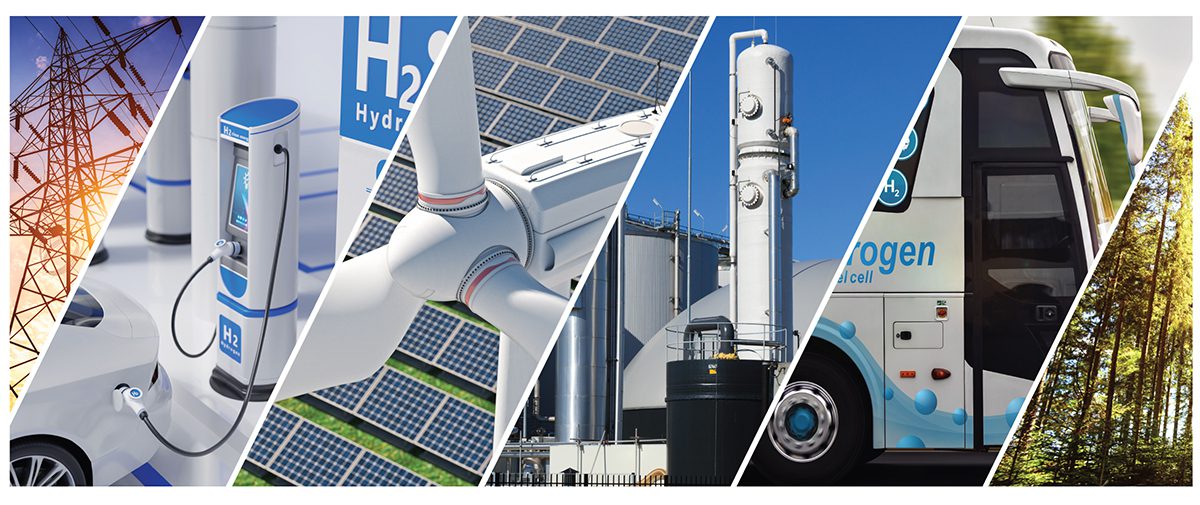 collage of electric towers, hydrogen fueling, solar panels, hydrogen bus and forest