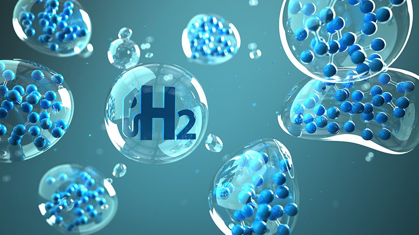 illustration of H2 Hydrogen Molecule with Gas Pump in bubble