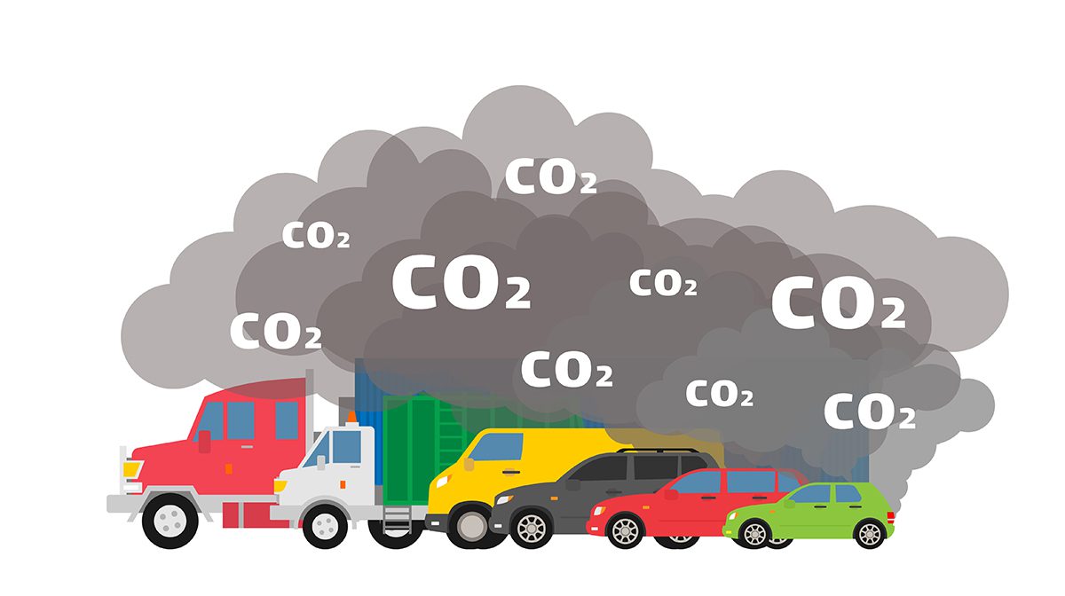illustration of gasoline cars emitting co2 dioxide air pollution ecology concept
