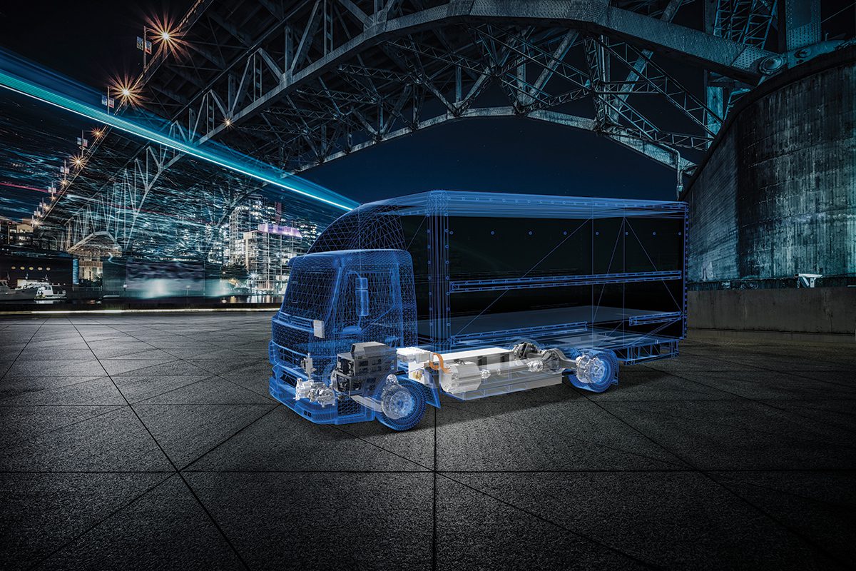 illustration of battery-electric cabover truck parked under a bridge
