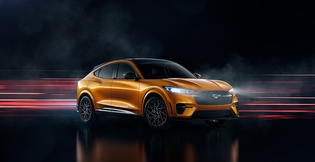 Battery electric orange Ford mustang SUV